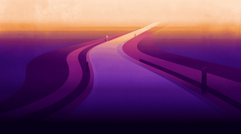 Illustration: der mehrjährige Weg einer Unternehmensnachfolge – ein gewundener Pfad mit Etappen zum Ziel