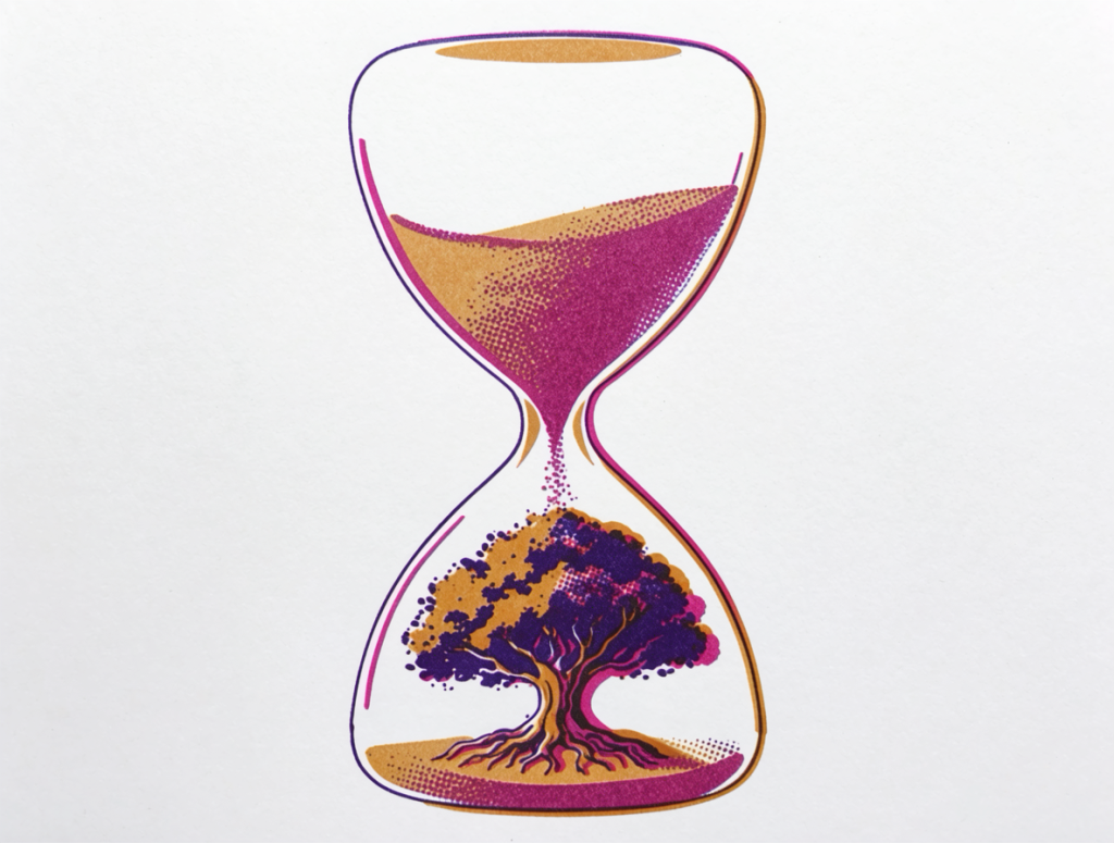 Illustration: Sanduhr, deren Sand zu einem Baum wächst – Sinnbild für die Dauer einer Unternehmensnachfolge